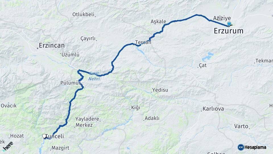 Erzurum Tunceli Arası Kaç Km - Yol Haritası