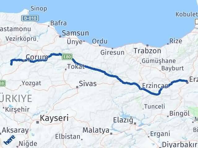 Erzurum Uğurludağ Çorum Arası Kaç Km - Yol Haritası