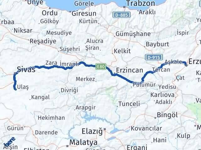 Erzurum Ulaş Sivas Arası Kaç Km - Yol Haritası