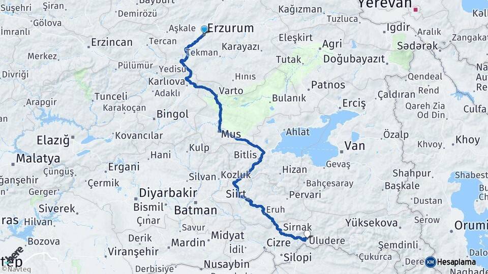 Erzurum Uludere Şırnak Arası Kaç Km - Yol Haritası