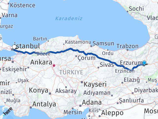 Erzurum Ümraniye İstanbul Arası Kaç Km - Yol Haritası