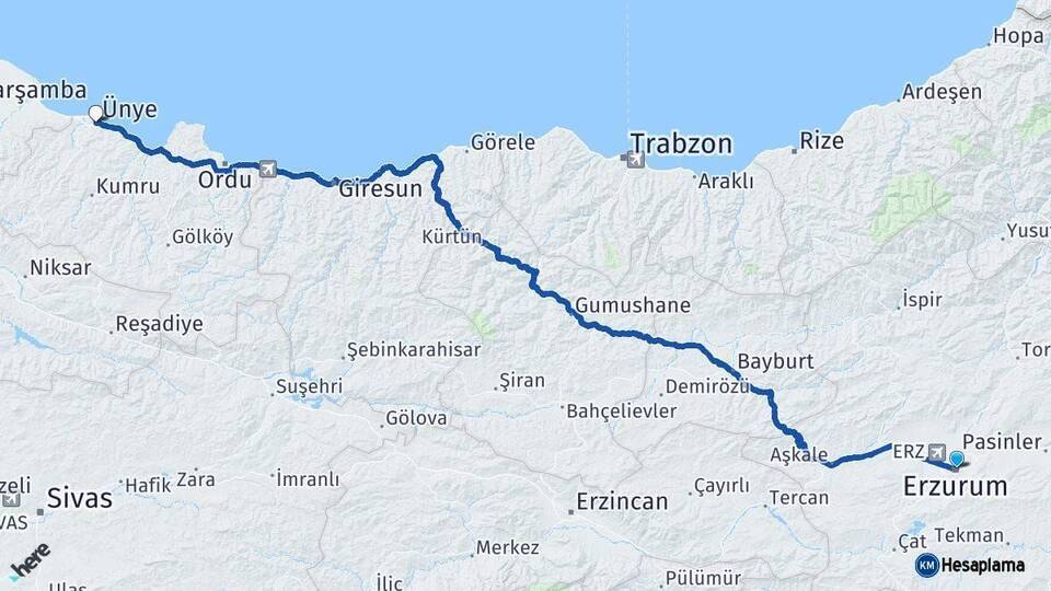 Erzurum Ünye Ordu Arası Kaç Km - Yol Haritası