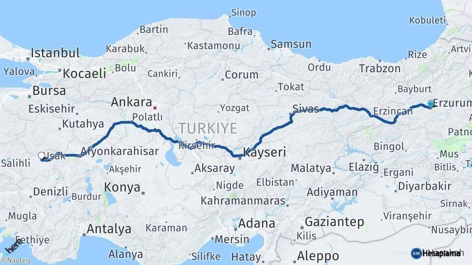Erzurum Uşak Arası Kaç Km - Yol Haritası