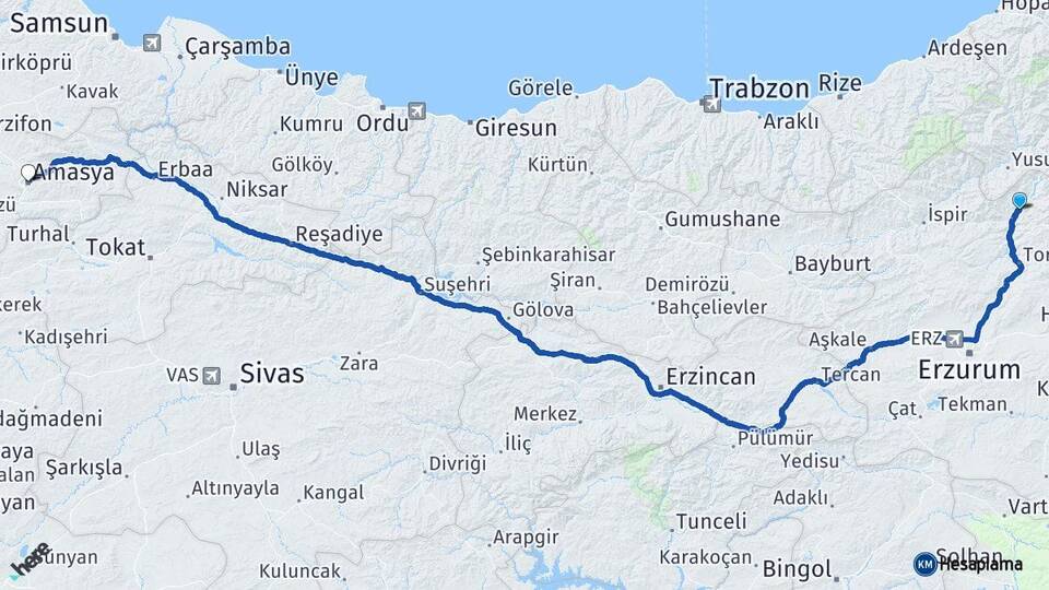 Erzurum Uzundere Amasya Arası Kaç Km - Yol Haritası