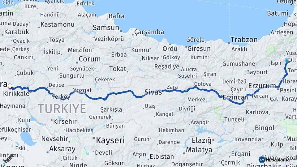 Erzurum Uzundere Ankara Arası Kaç Km - Yol Haritası