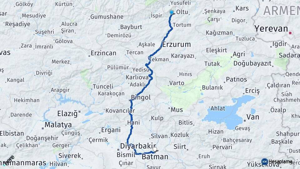 Erzurum Uzundere Batman Arası Kaç Km - Yol Haritası