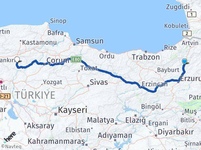 Erzurum Uzundere Çankırı Arası Kaç Km - Yol Haritası