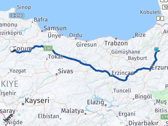 Erzurum Uzundere Çorum Arası Kaç Km - Yol Haritası