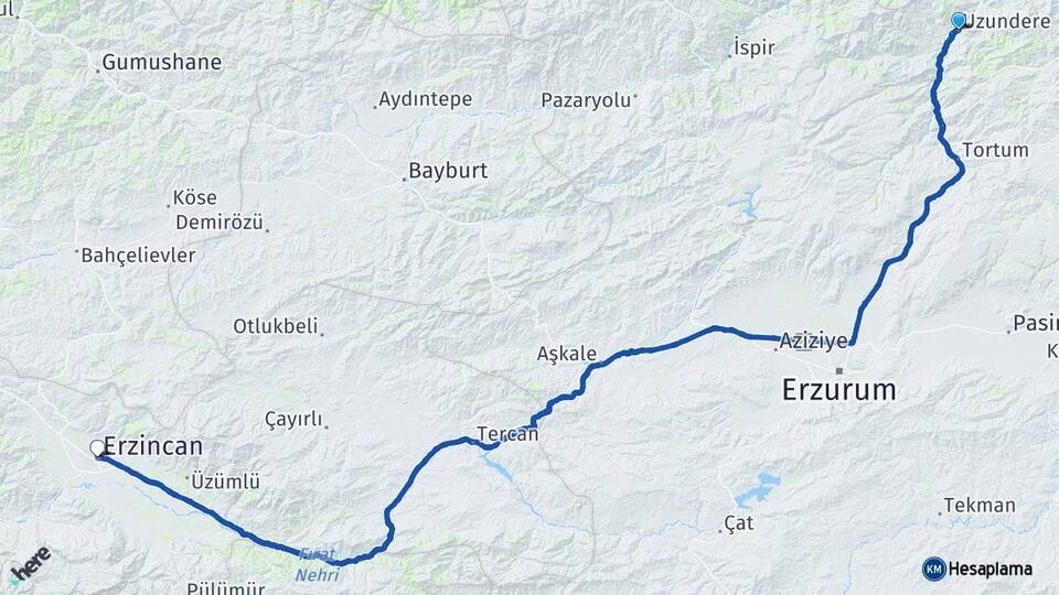 Erzurum Uzundere Erzincan Arası Kaç Km - Yol Haritası