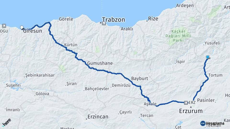 Erzurum Uzundere Giresun Arası Kaç Km - Yol Haritası