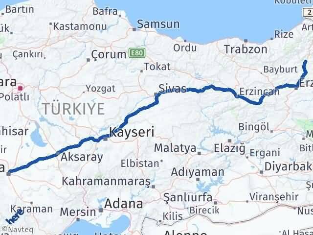 Erzurum Uzundere Konya Arası Kaç Km - Yol Haritası