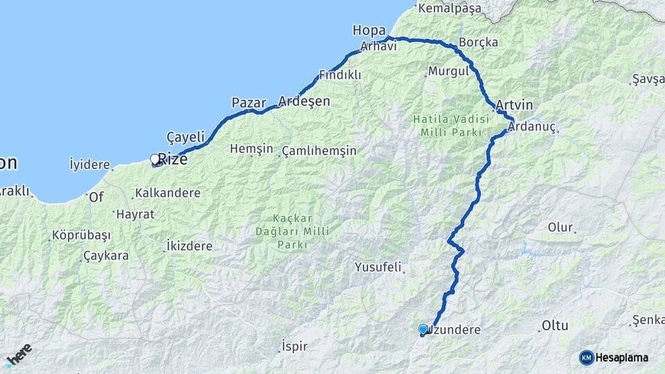 Erzurum Uzundere Rize Arası Kaç Km - Yol Haritası