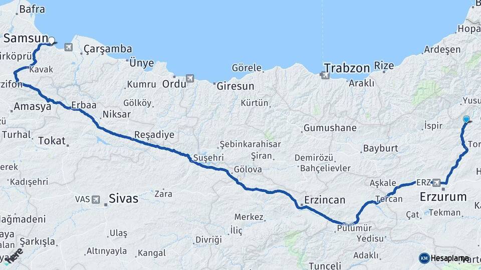 Erzurum Uzundere Samsun Arası Kaç Km - Yol Haritası