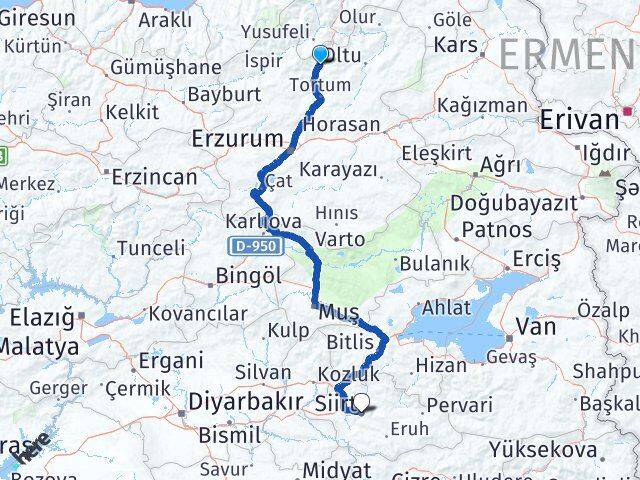 Erzurum Uzundere Siirt Arası Kaç Km - Yol Haritası
