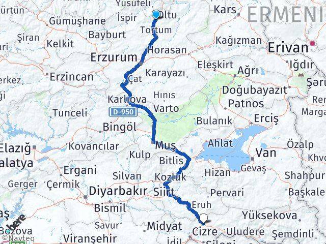 Erzurum Uzundere Şırnak Arası Kaç Km - Yol Haritası