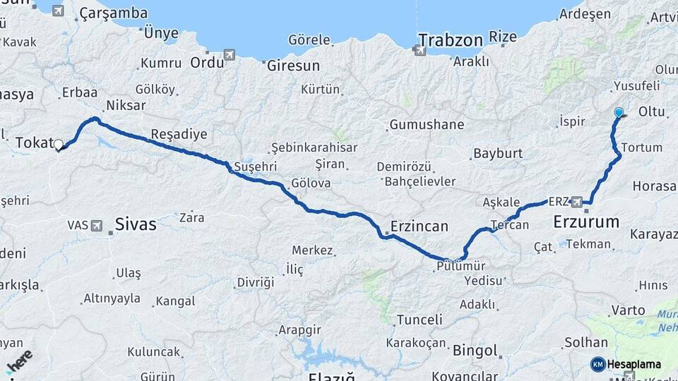 Erzurum Uzundere Tokat Arası Kaç Km - Yol Haritası