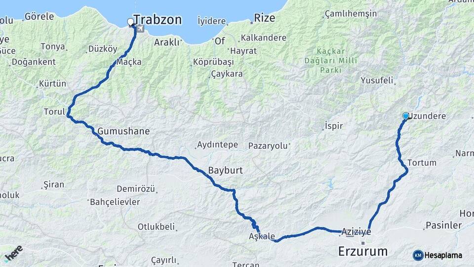 Erzurum Uzundere Trabzon Arası Kaç Km - Yol Haritası