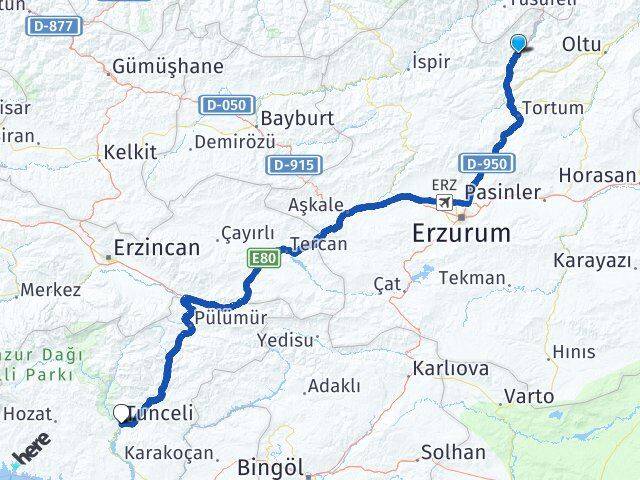 Erzurum Uzundere Tunceli Arası Kaç Km - Yol Haritası