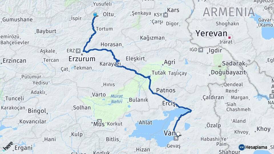Erzurum Uzundere Van Arası Kaç Km - Yol Haritası