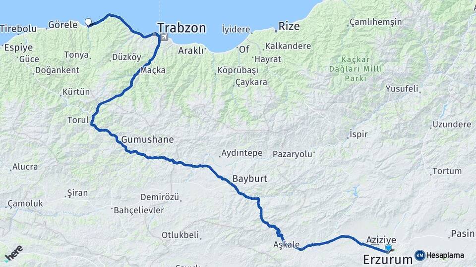 Erzurum Vakfıkebir Trabzon Arası Kaç Km - Yol Haritası
