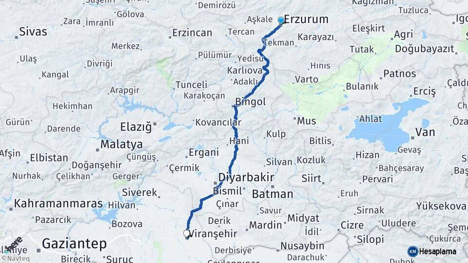 Erzurum Viranşehir Şanlıurfa Arası Kaç Km - Yol Haritası