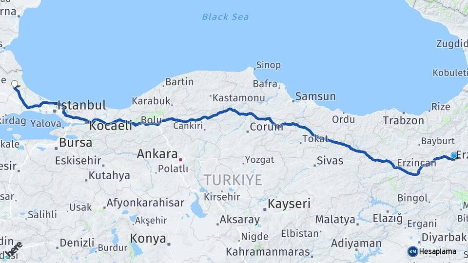 Erzurum Vize Kırklareli Arası Kaç Km - Yol Haritası
