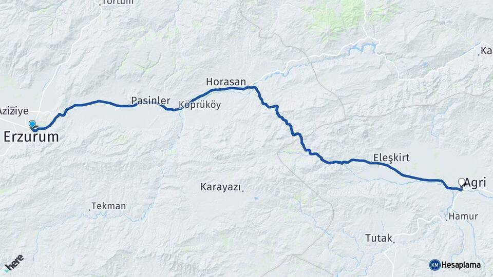Erzurum Yakutiye Ağrı Arası Kaç Km - Yol Haritası