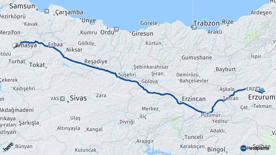 Erzurum Yakutiye Amasya Arası Kaç Km - Yol Haritası