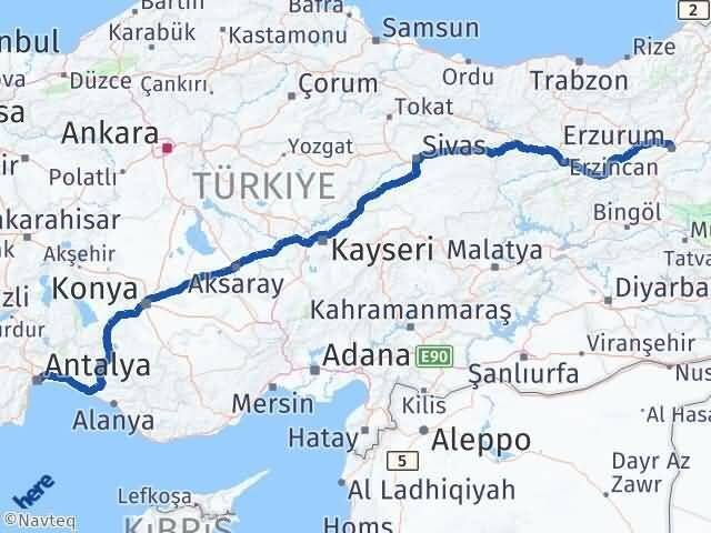 Erzurum Yakutiye Antalya Arası Kaç Km - Yol Haritası