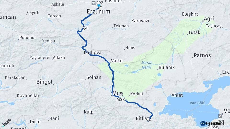 Erzurum Yakutiye Bitlis Arası Kaç Km - Yol Haritası