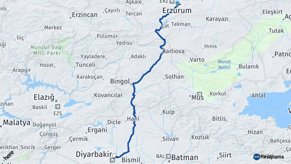Erzurum Yakutiye Diyarbakır Arası Kaç Km - Yol Haritası
