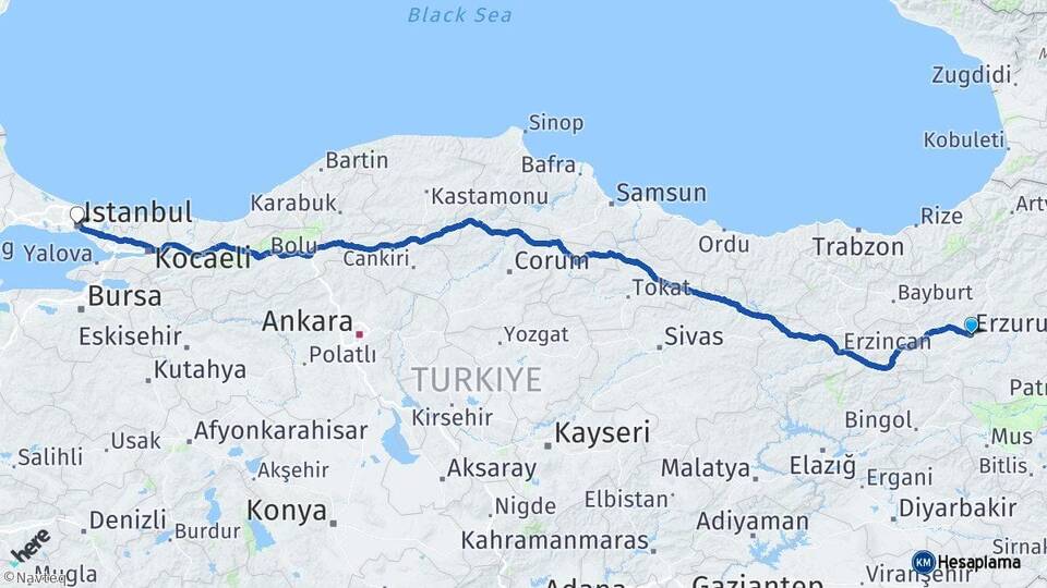 Erzurum Yakutiye İstanbul Arası Kaç Km - Yol Haritası