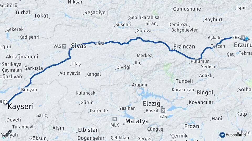 Erzurum Yakutiye Kayseri Arası Kaç Km - Yol Haritası