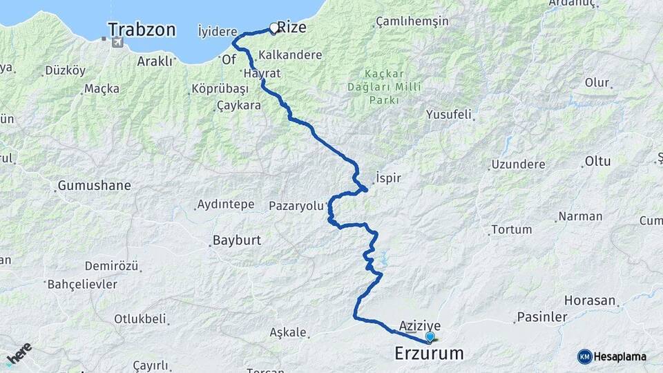 Erzurum Yakutiye Rize Arası Kaç Km - Yol Haritası