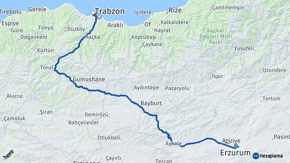 Erzurum Yakutiye Trabzon Arası Kaç Km - Yol Haritası