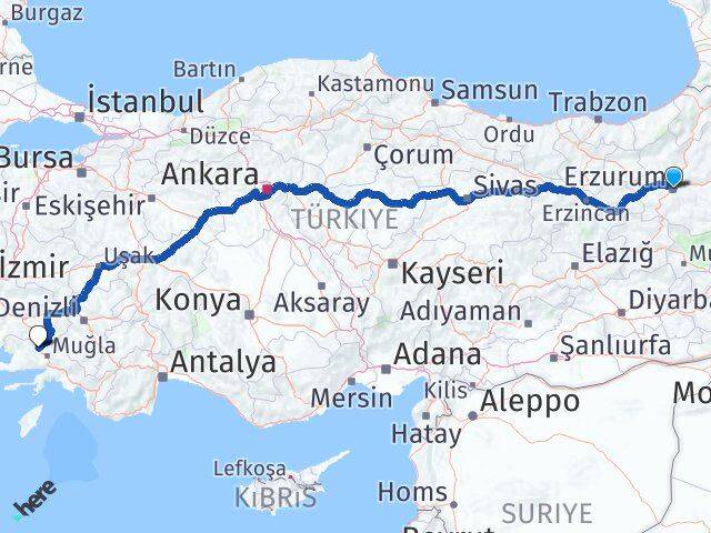 Erzurum Yatağan Muğla Arası Kaç Km - Yol Haritası