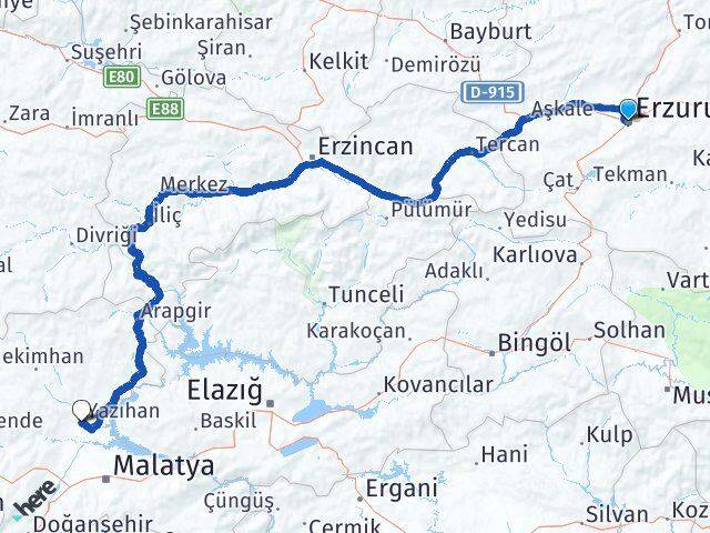 Erzurum Yazıhan Malatya Arası Kaç Km - Yol Haritası