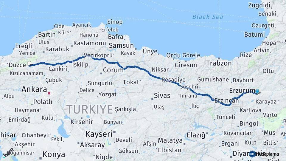 Erzurum Yeniçağa Bolu Arası Kaç Km - Yol Haritası