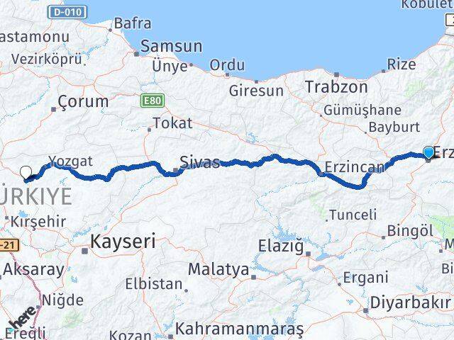Erzurum Yerköy Yozgat Arası Kaç Km - Yol Haritası