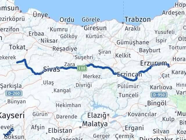 Erzurum Yeşilyurt Tokat Arası Kaç Km - Yol Haritası