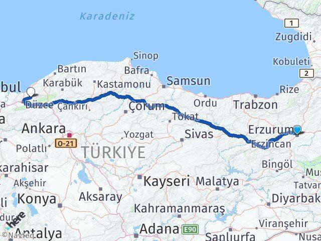 Erzurum Yığılca Düzce Arası Kaç Km - Yol Haritası