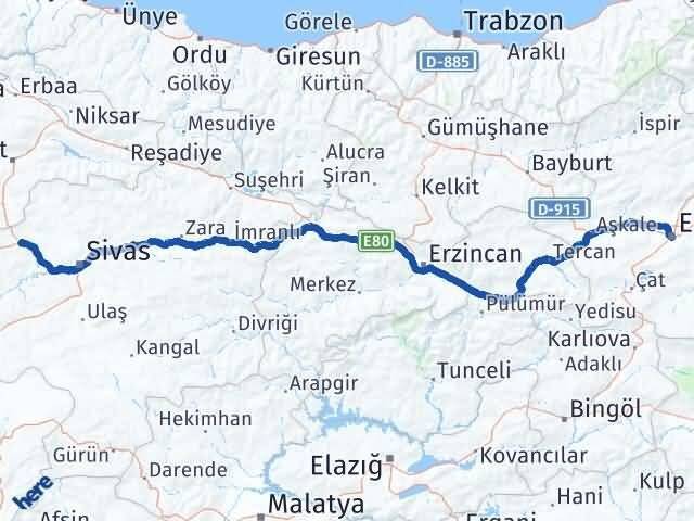Erzurum Yıldızeli Sivas Arası Kaç Km - Yol Haritası