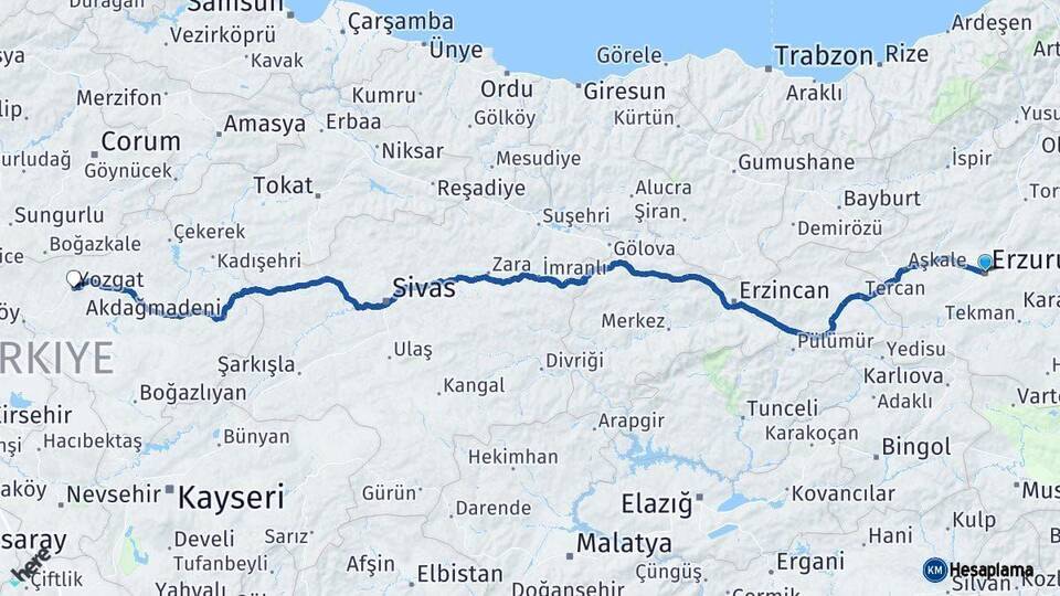 Erzurum Yozgat Arası Kaç Km - Yol Haritası