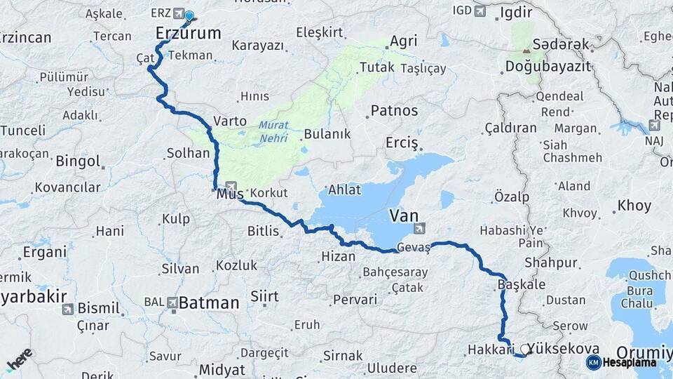 Erzurum Yüksekova Hakkari Arası Kaç Km - Yol Haritası