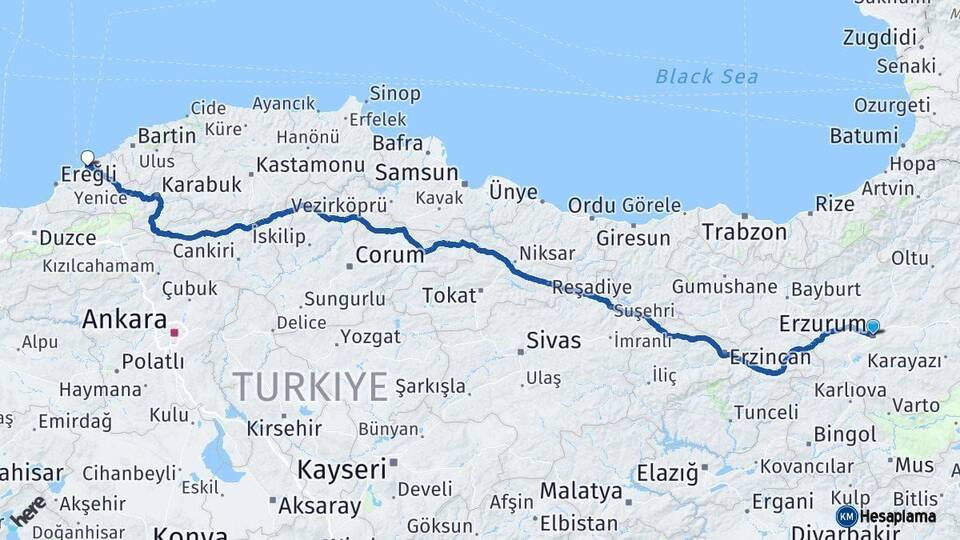 Erzurum Zonguldak Arası Kaç Km - Yol Haritası