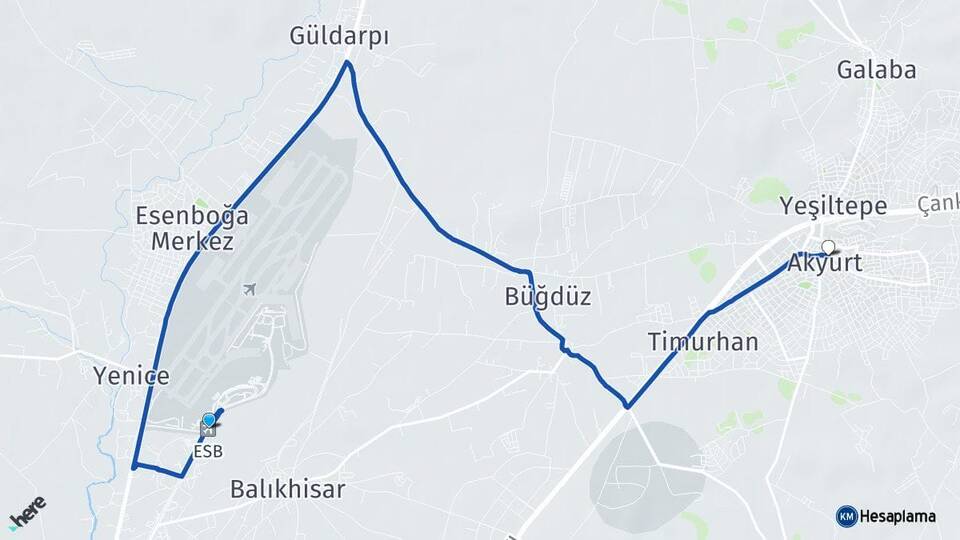 Esenboğa Havalimanı Akyurt Ankara Arası Kaç Km - Yol Haritası