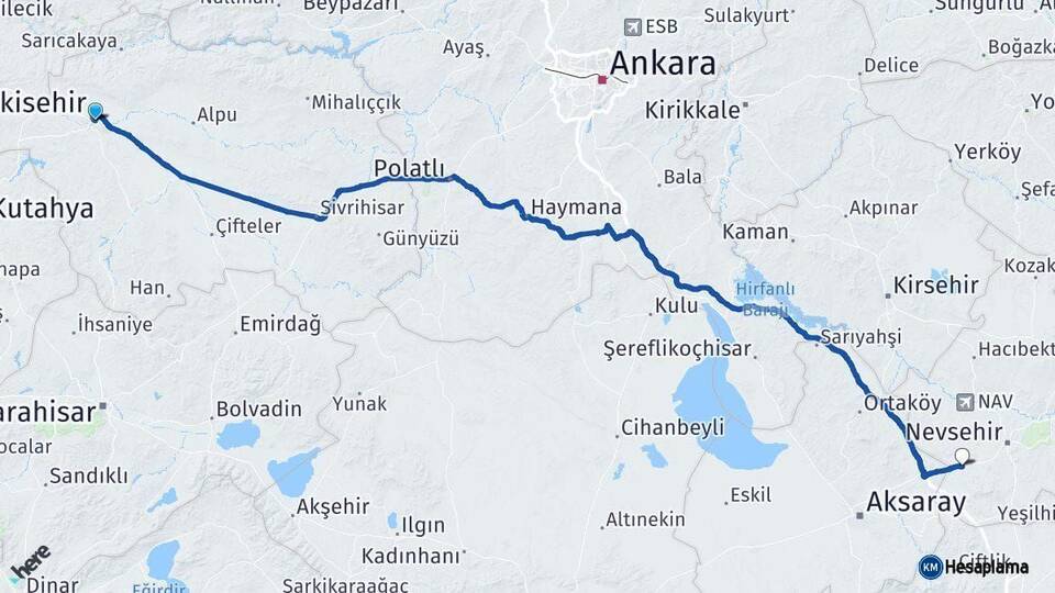 Eskişehir Acıgöl Nevşehir Arası Kaç Km - Yol Haritası