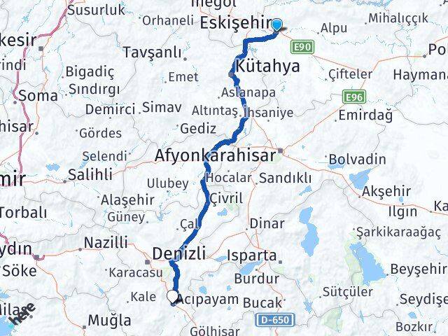 Eskişehir Acıpayam Denizli Arası Kaç Km - Yol Haritası