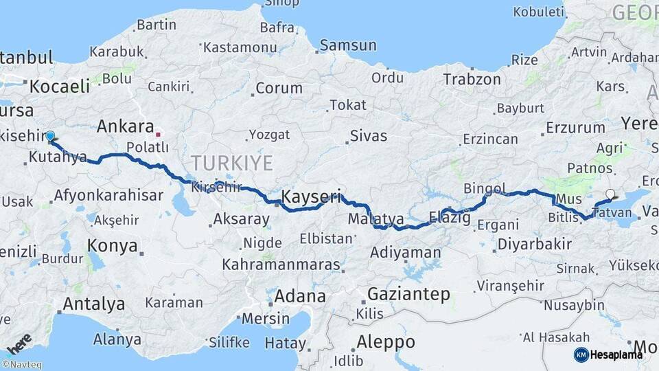 Eskişehir Adilcevaz Bitlis Arası Kaç Km - Yol Haritası