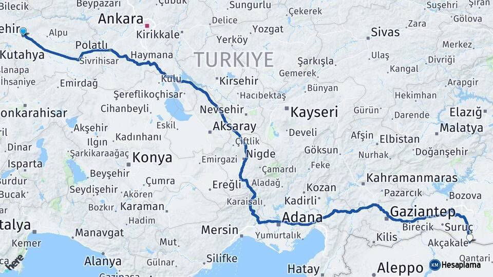 Eskişehir Akçakale Şanlıurfa Arası Kaç Km - Yol Haritası